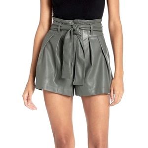 Charcoal Gray Faux Leather Paperbag High Waisted Belted Dressy Shorts